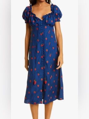 Farm Rio NWT Sz M Blue Strawberry Embroidered Midi Dress Cottagecore Euro Summer